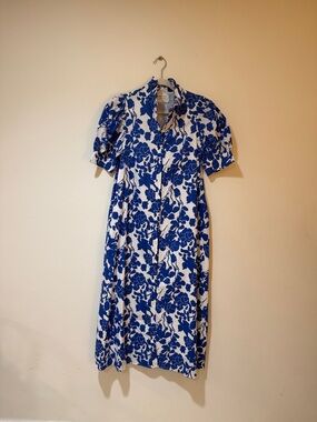 Tuckernuck White Midi Dress with Blue Floral Print